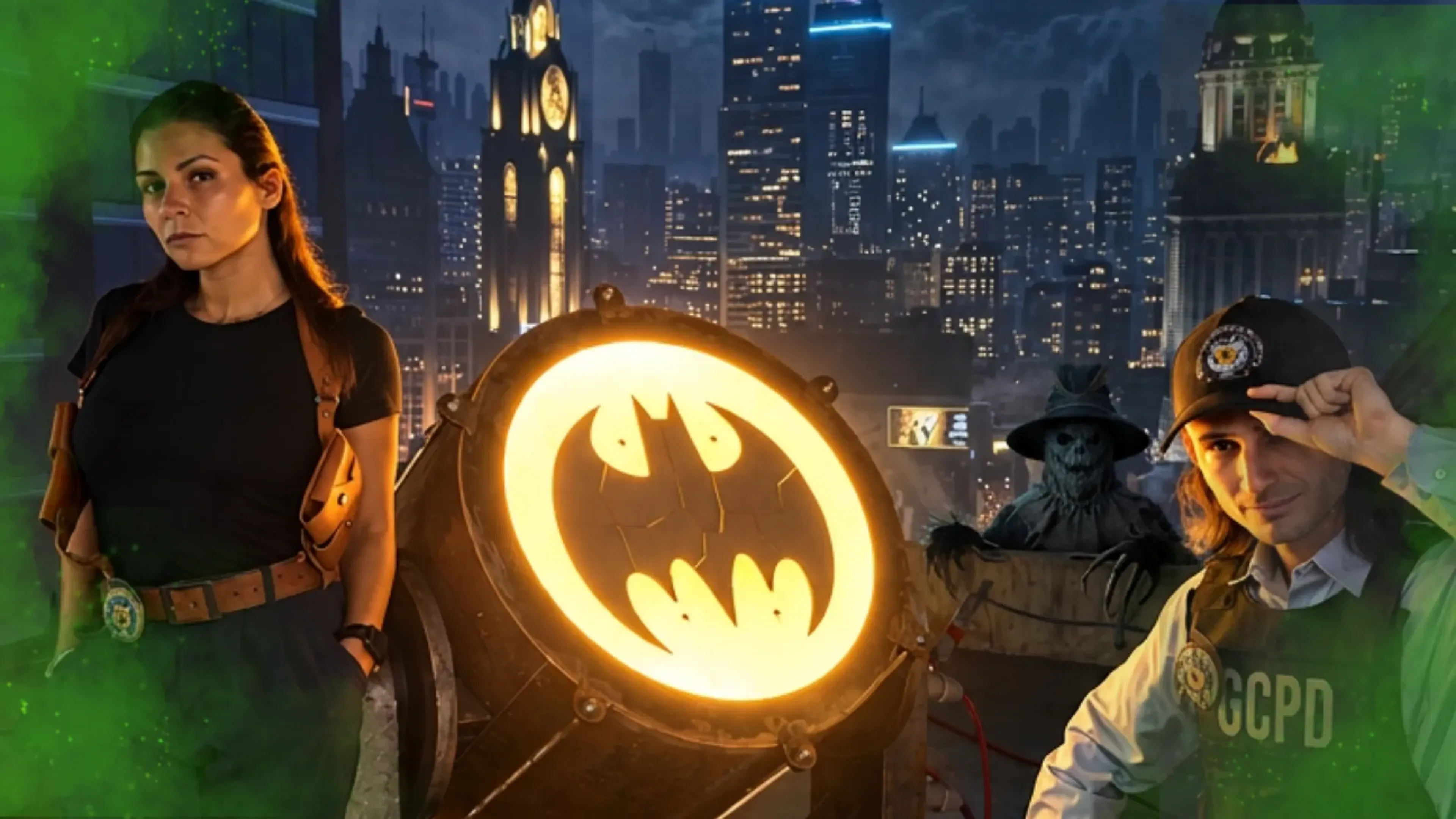 Le bat-signal allumé sur le toit du GCPD et l'Épouvantail tapi derrière les policiers, édition Halloween chez Batman Escape
