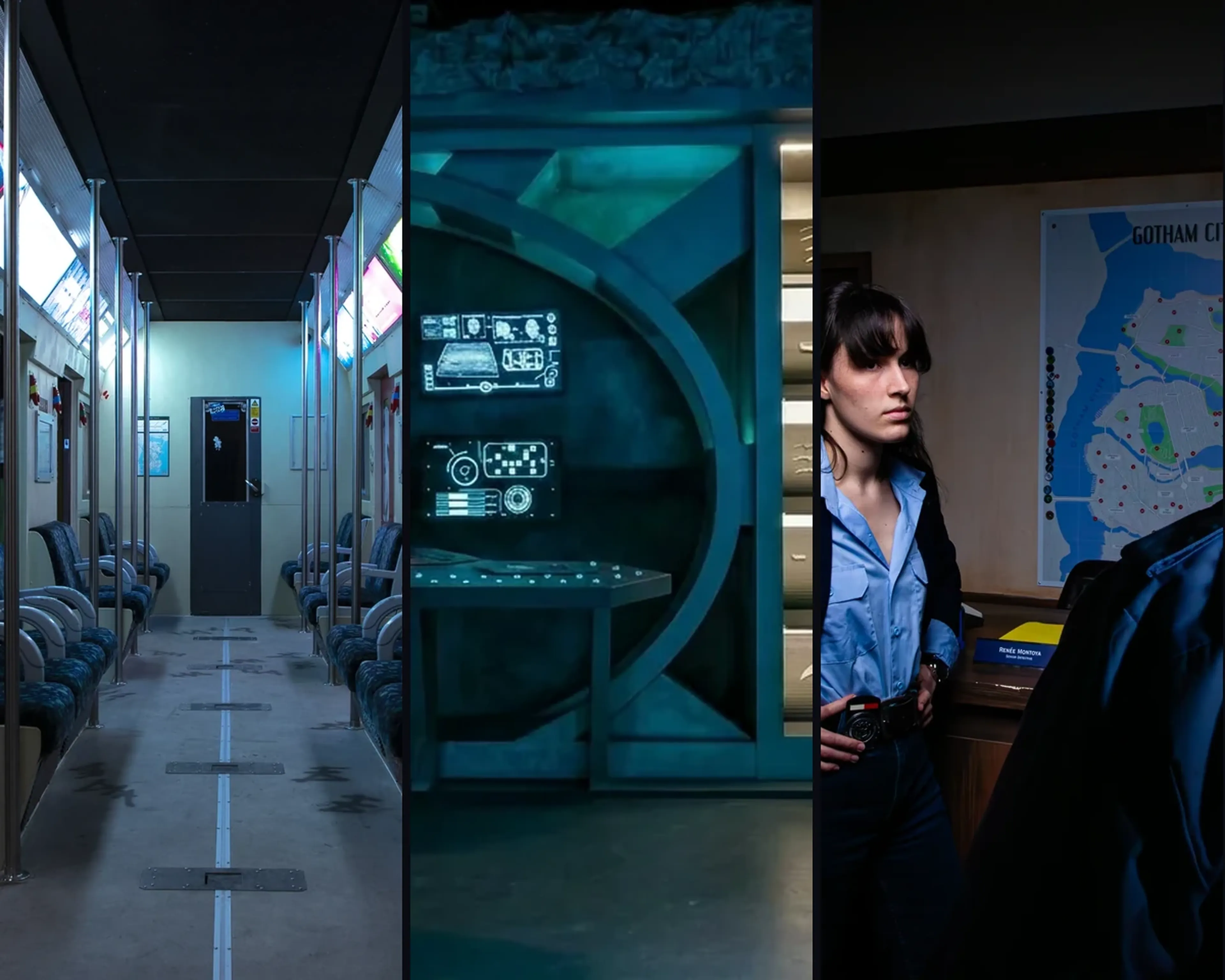 Les décors des trois missions chez Batman Escape : la rame de Gotham, la Batcave et le commissariat