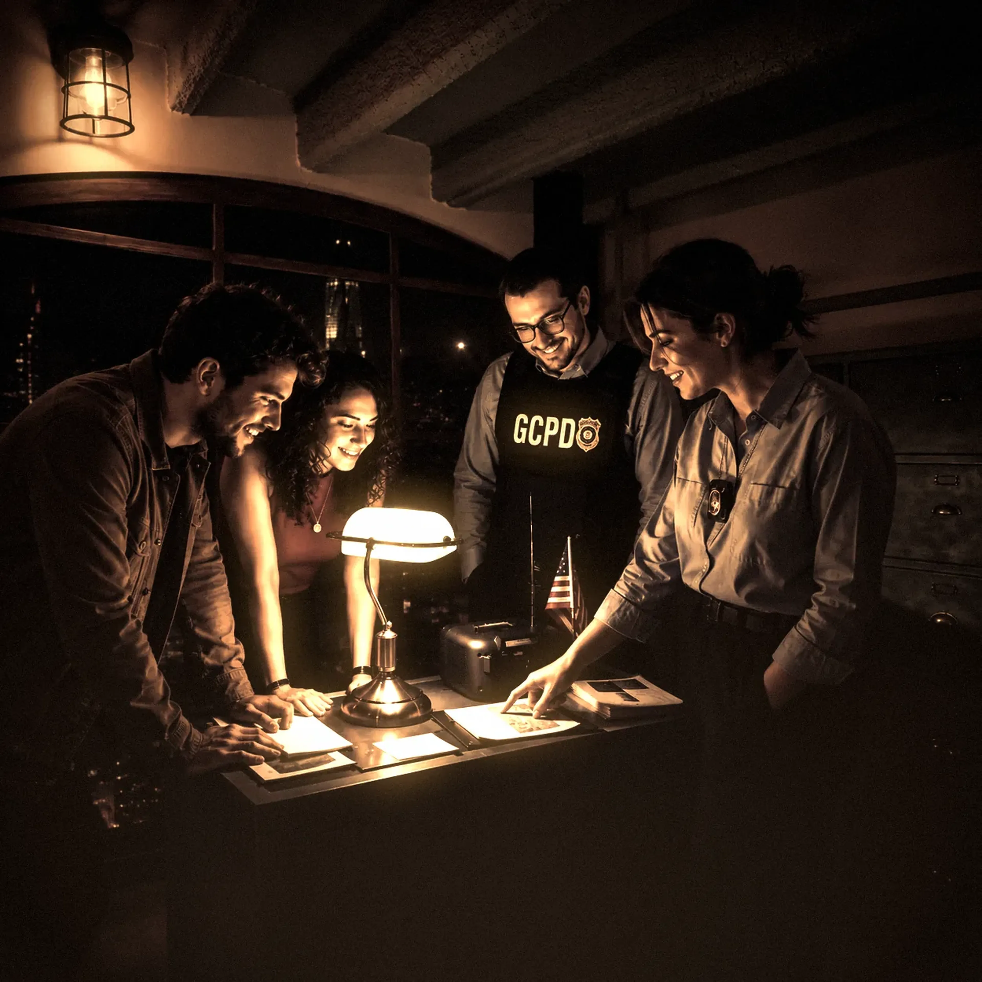 Joueurs réunis autour du bureau d'enquête éclairé à la lampe pendant l'escape game horreur chez Batman Escape