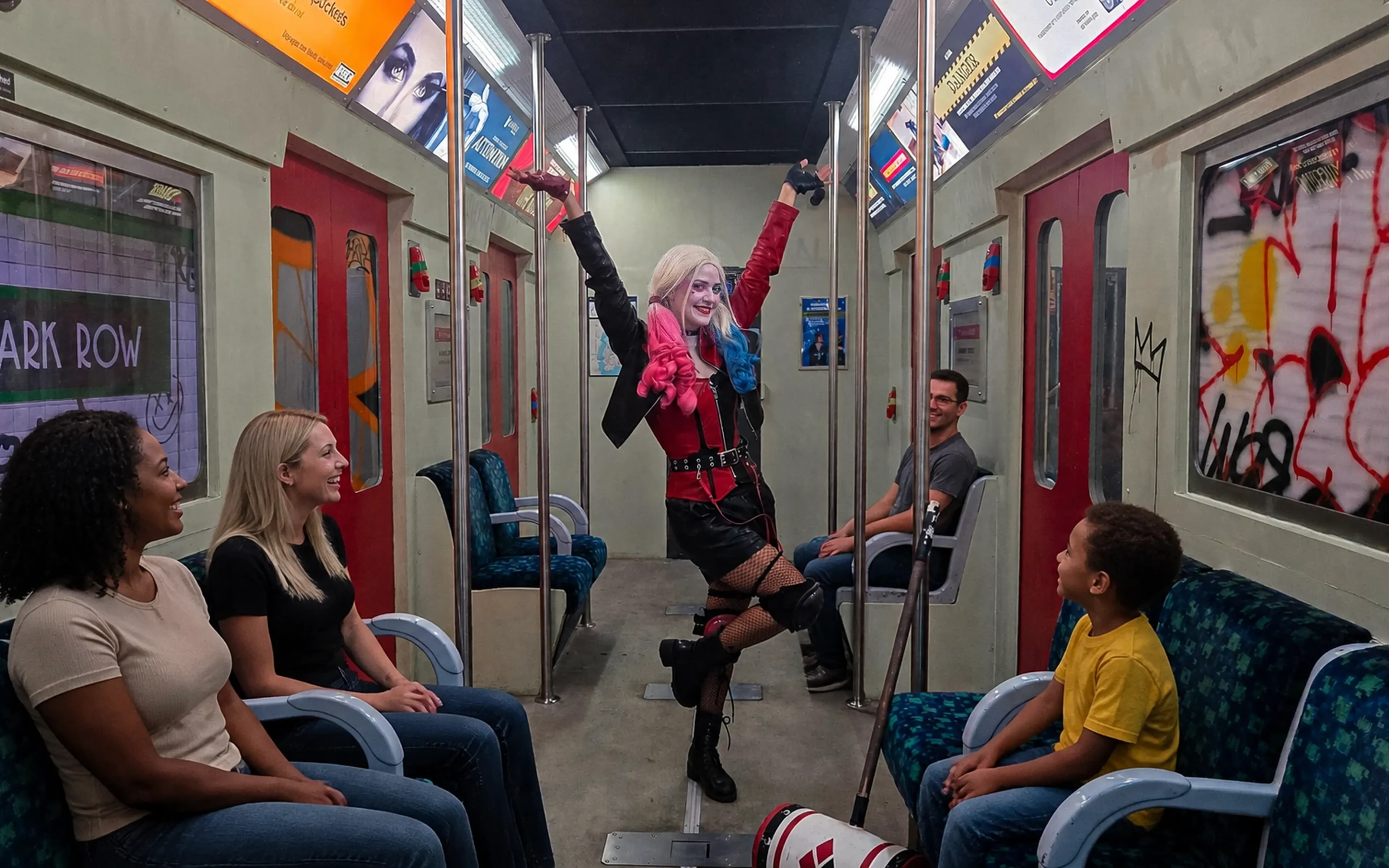 Harley Quinn face aux joueurs dans le wagon de metro de la mission The Joker, chez Batman Escape