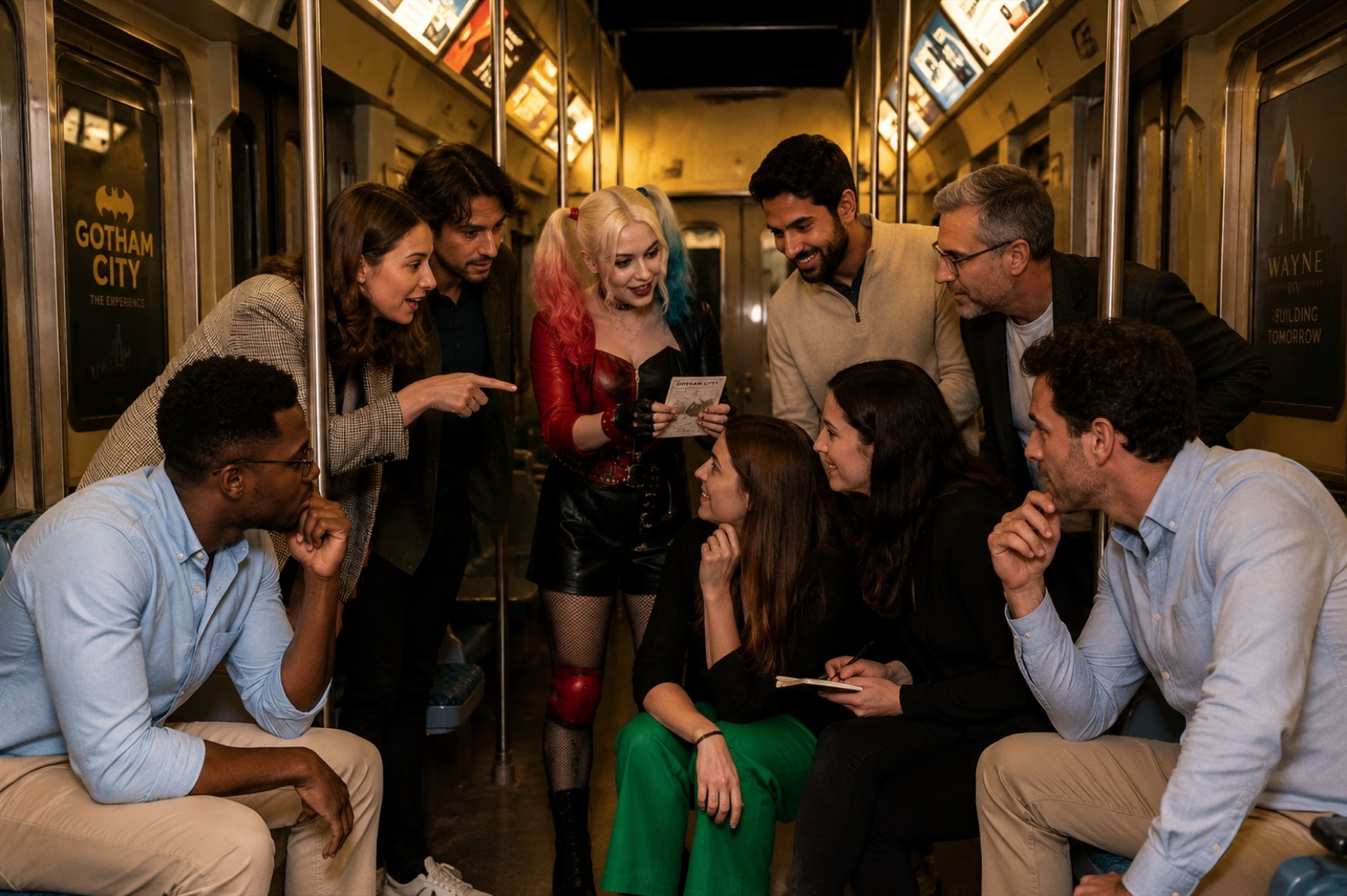 Équipe corporate en pleine interaction avec la comédienne Harley Quinn dans la rame de métro Gotham