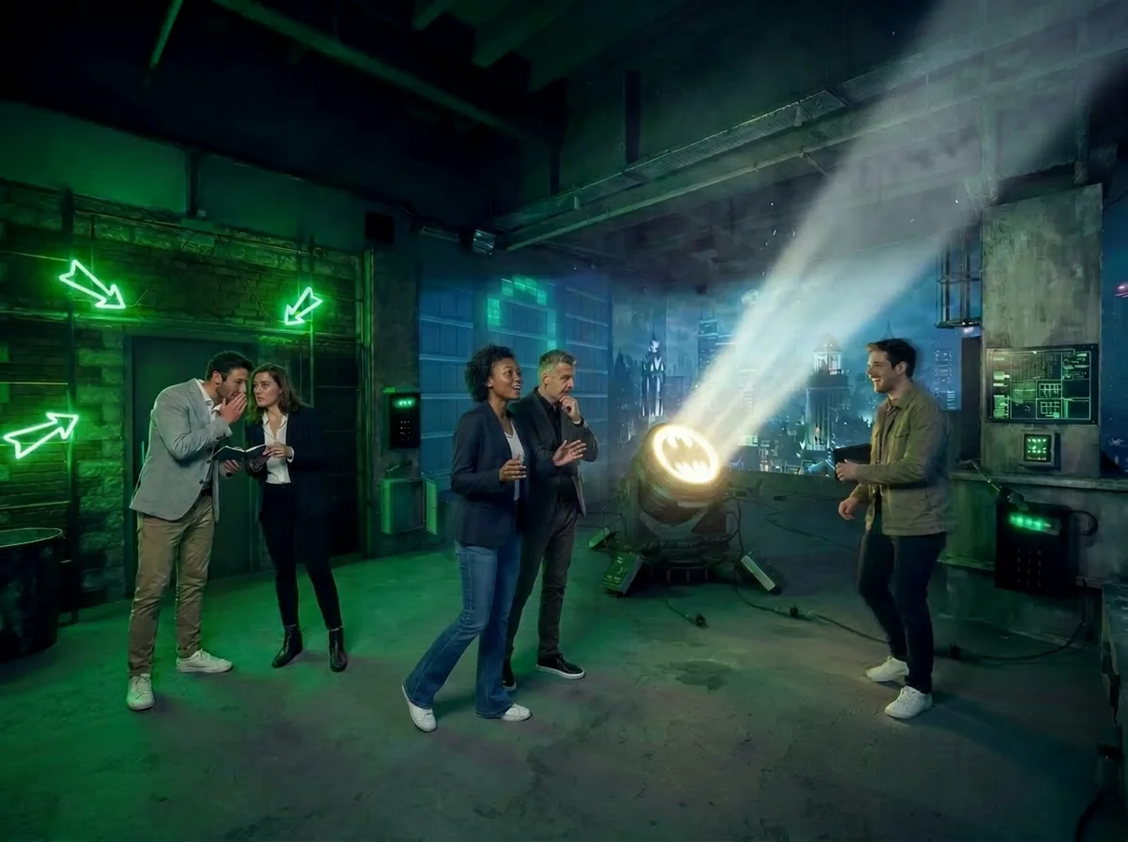Équipe d'entreprise jouant ensemble lors d'un escape game team building à Paris chez Batman Escape