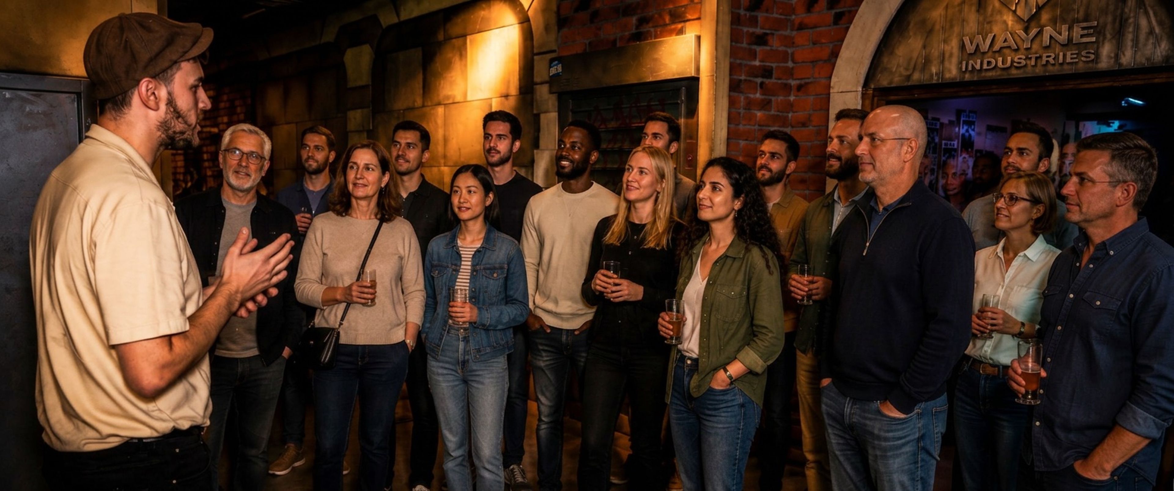 Briefing team building Paris devant l'entrée Wayne Industries — grand groupe entreprise privatisé chez Batman Escape