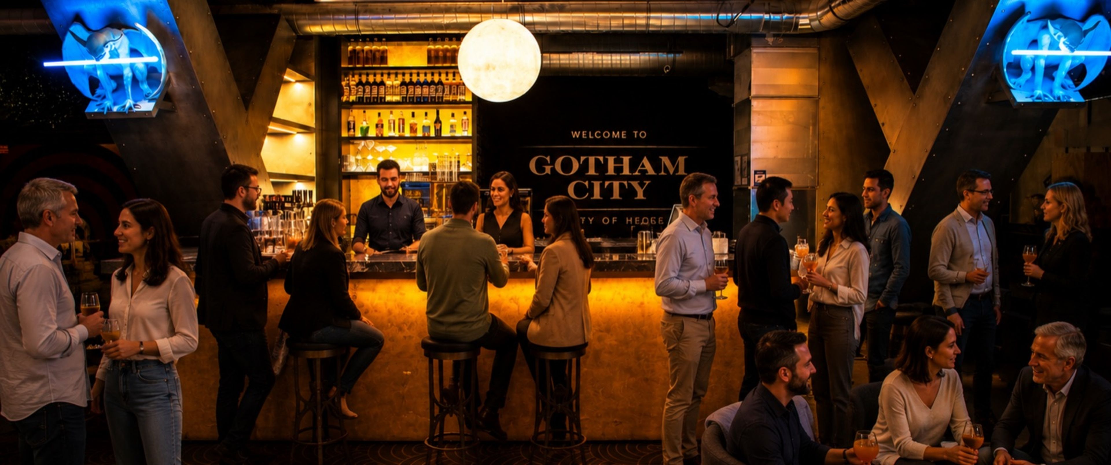 Cocktail afterwork entreprise au lounge Gotham City — bar privatisé Batman Escape Paris, groupes corporate