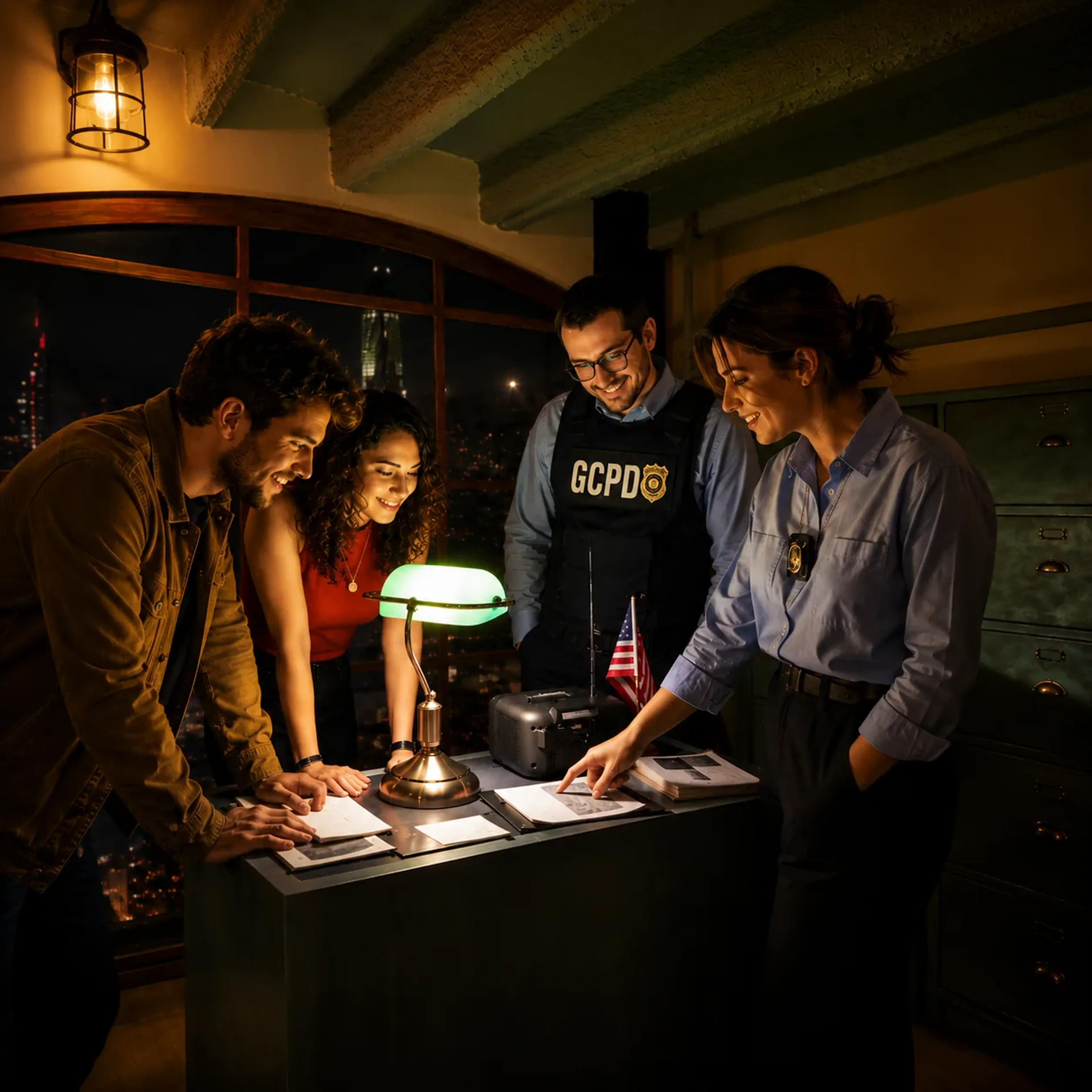 Bureau d'enquête du GCPD avec lampe verte — décor de l'escape game enquête Le Commissariat à Paris