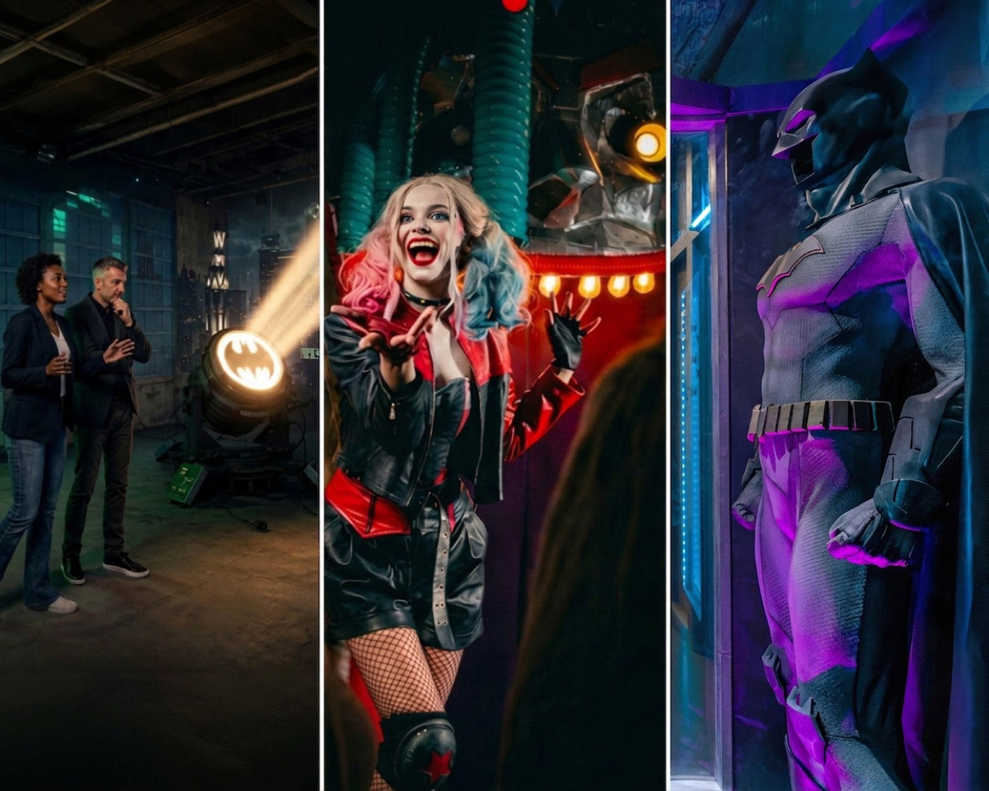 Triptyque des 3 univers d'escape game team building : Bat-Signal du Commissariat, Harley Quinn, Batcave