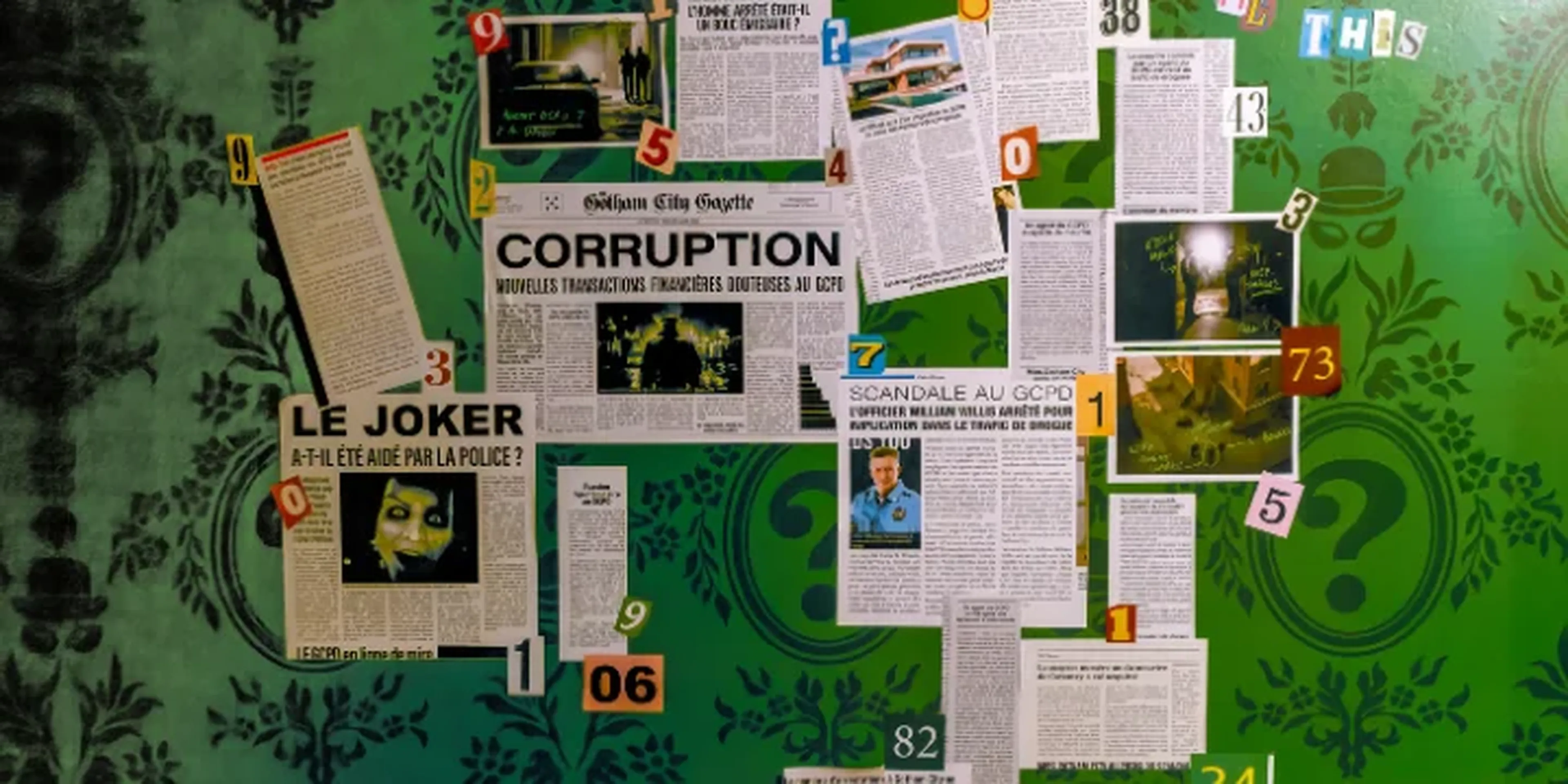 Mur d'indices et énigmes à déduire dans l'enquête Le Commissariat à Paris