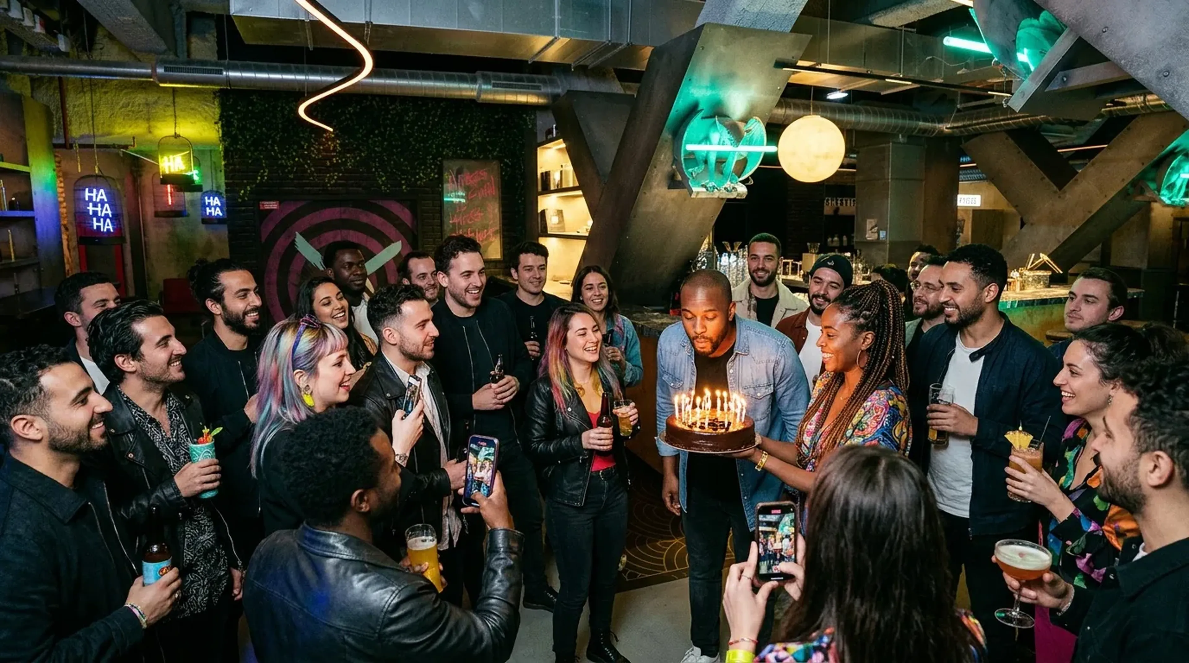 Groupe d'anniversaire avec gâteau en mission immersive chez Batman Escape Paris
